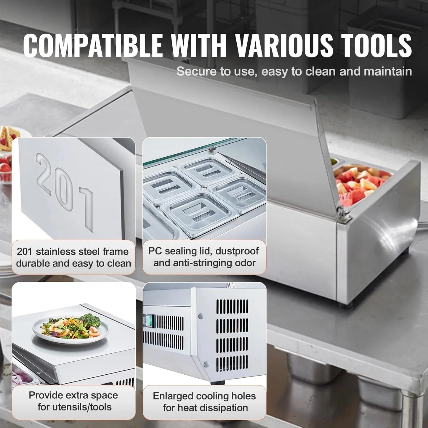 Refrigerated Condiment Prep Station, 135 W Countertop Refrigerated Condiment Station, with 2 1/3 Pans & 4 1/6 Pans, 304 Stainless Body and PC Lid, Sandwich Prep Table with Stainless Guard, ETL
