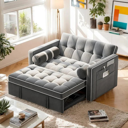 Pipishell 3 in 1 Convertible Sleeper Sofa Bed,Pull Out Couch for Living Room with USB Ports & Side Pockets,Adjustable Backrest,Velvet,Loveseat Sofa Bed,Futon Couches,Black