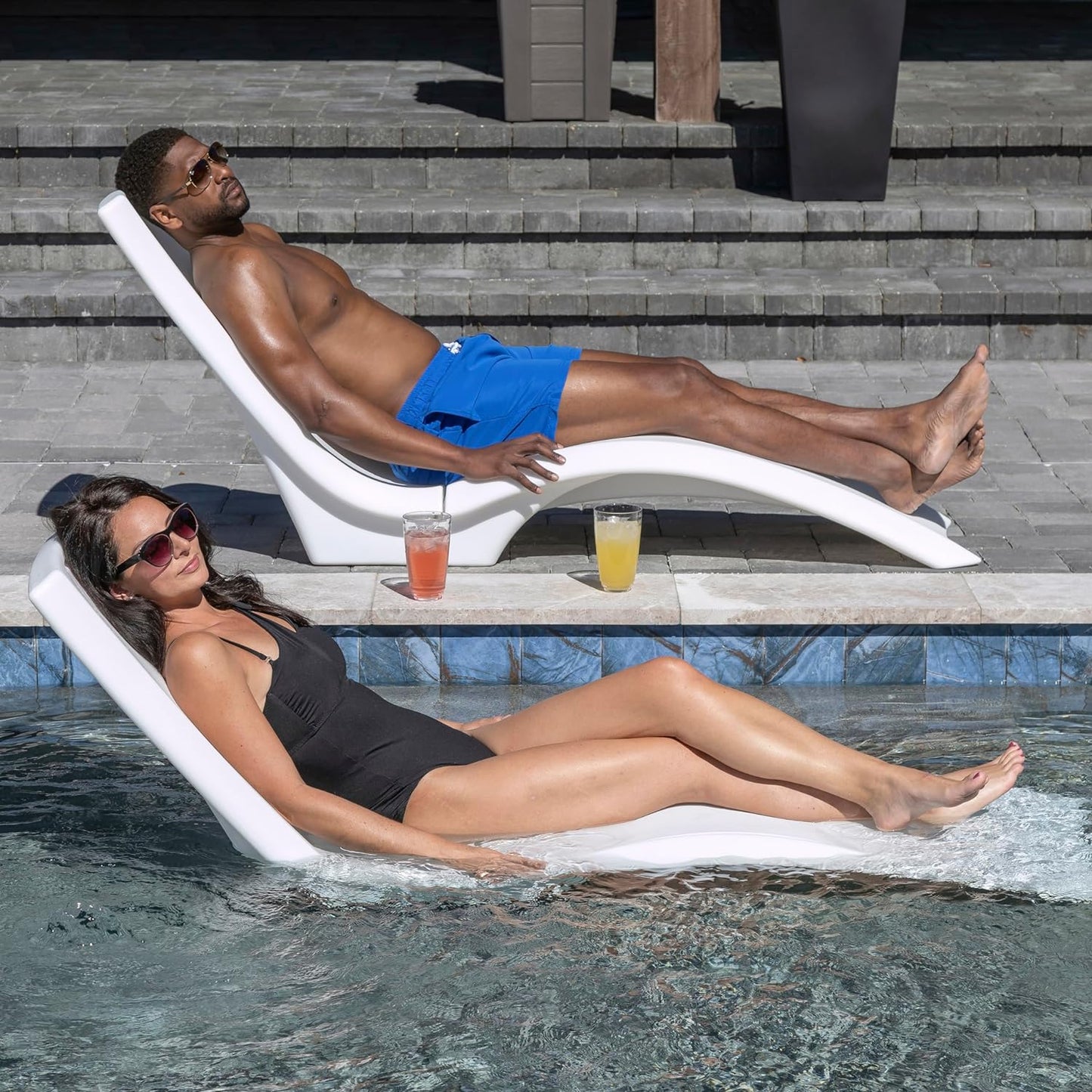 Pool Lounger, Fade-Resistant, Waterproof Patio Furniture, Pool Lounge Chair for Sun Shelf, Use in Pools with Shelves Up to 9-Inches Deep or Outside Pool Deck, Weighted, White