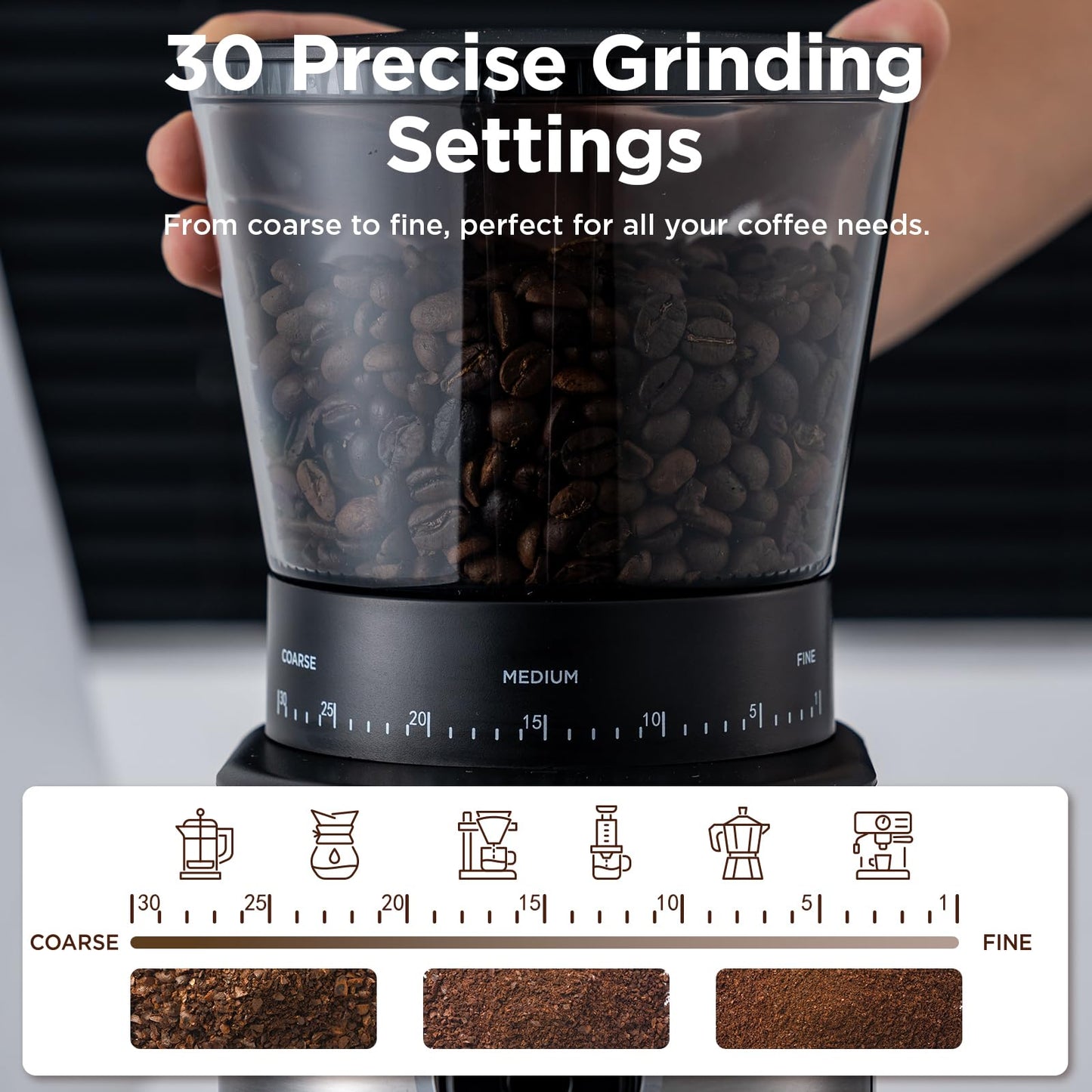 OLLYGRIN Burr Coffee Grinder - Electric Grinding with 30 Settings