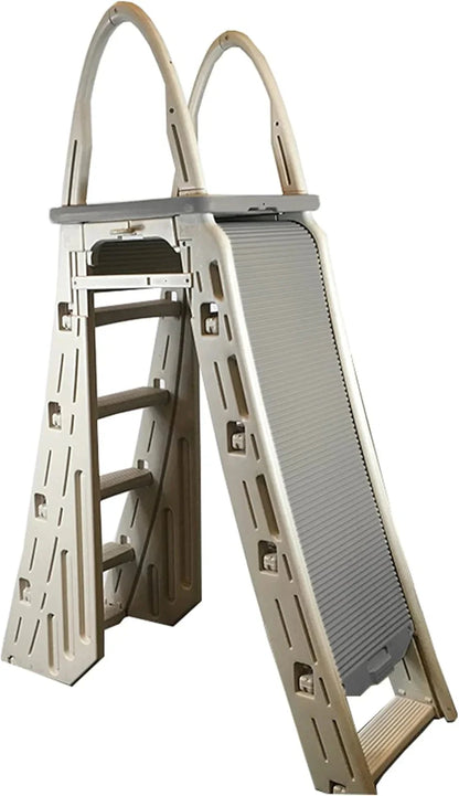 Confer Plastics 7200 Roll Guard 48" to 56" Adjustable A Frame Safety Ladder for Above Ground Outdoor Patio Swimming Pool Platform Ladder with Step Barrier, Warm Grey…