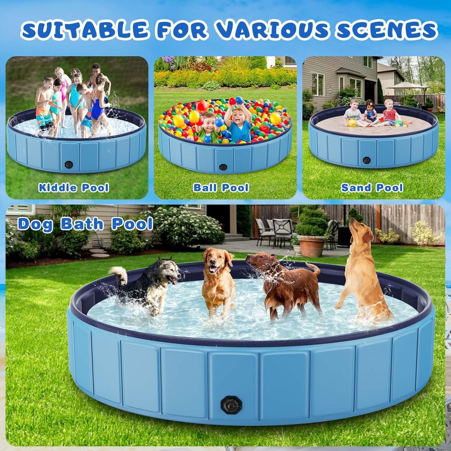 Foldable Dog Swimming Pool, 120"x20" Oversize Collapsable Hard Plastic Potable Bathing Tub for Pet Dog Kiddie Pool Indoor and Outdoor Leakproof PVC Play Pool for Large Dogs Pets Puppy Kids Blue