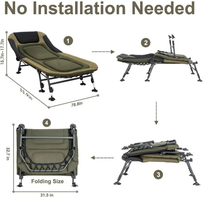 Camping Cots for Adults 330Lbs with Carry Bag, Heavy Duty Folding Bed with Soft Padded Cushion, Portable Military Cot for Hunting, 180° Adjustable Reclining Outdoor Lounger