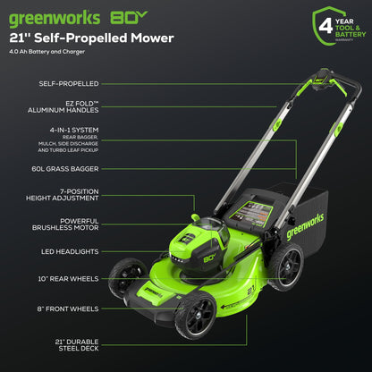GREENWORKS 80V Self-Propelled Cordless Lawn Mower with Battery