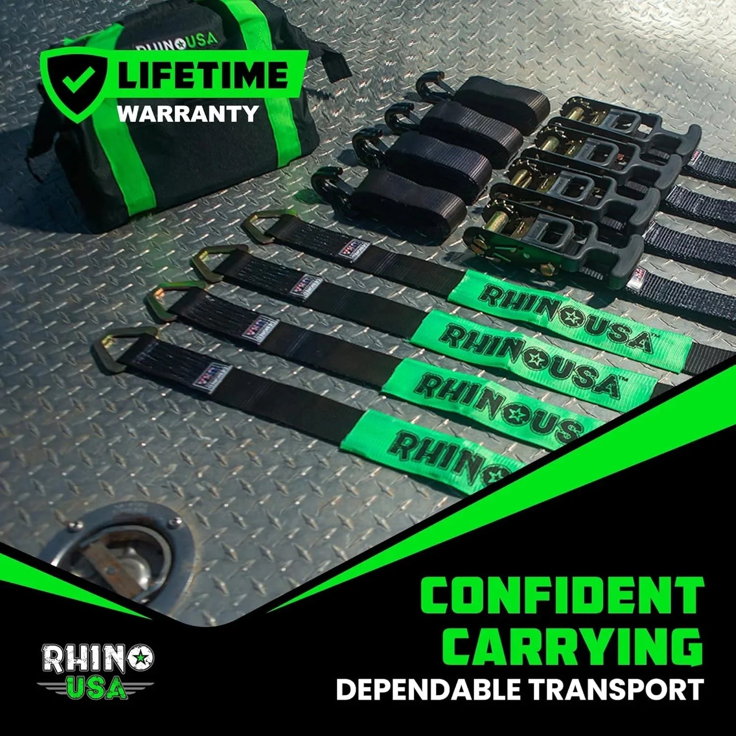 Car Tie Down Straps for Trailers with J Hooks (4-Pack) - 2 Inch x 8 Feet (10,000lb Break Strength) - Heavy Duty T-Handle Car Hauler Tire Straps for Trailer & UTV with Axle Straps - Black