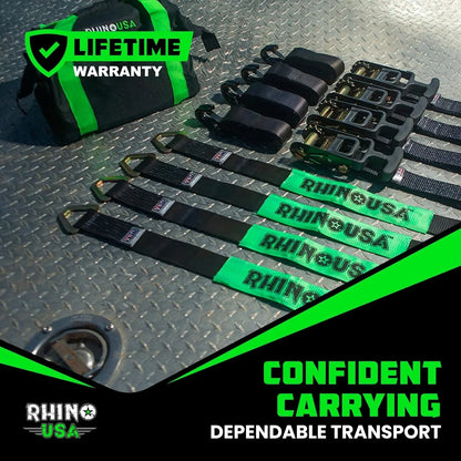 Car Tie Down Straps for Trailers with J Hooks (4-Pack) - 2 Inch x 8 Feet (10,000lb Break Strength) - Heavy Duty T-Handle Car Hauler Tire Straps for Trailer & UTV with Axle Straps - Black