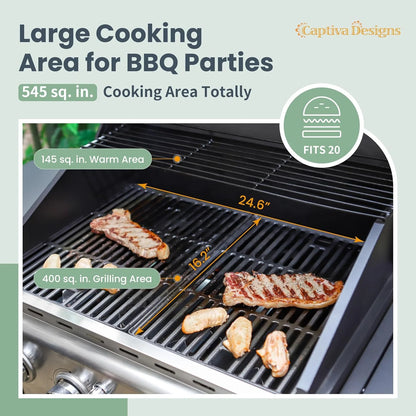Captiva Designs 4-Burner Gas Grill, Side Burner, 42,000 BTU, Stainless