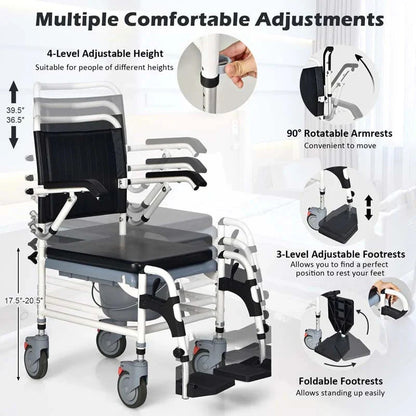 4 In 1 Bedside Commode Chair Shower Wheelchair With Detachable Bucket Padded Mobile Toilet Chair - Comfortable And Ergonomic Design