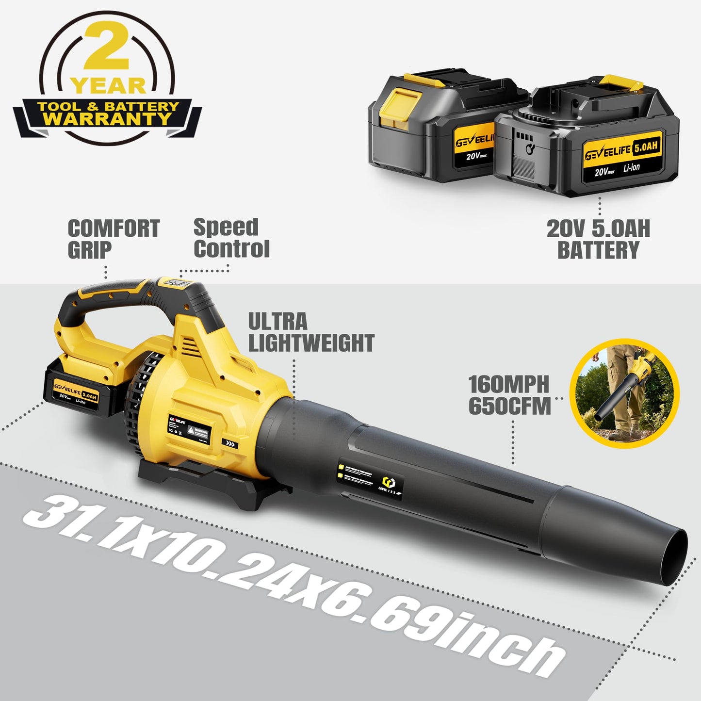 GEVEELIFE Cordless Electric Leaf Blower, 650CFM, 3 Speeds
