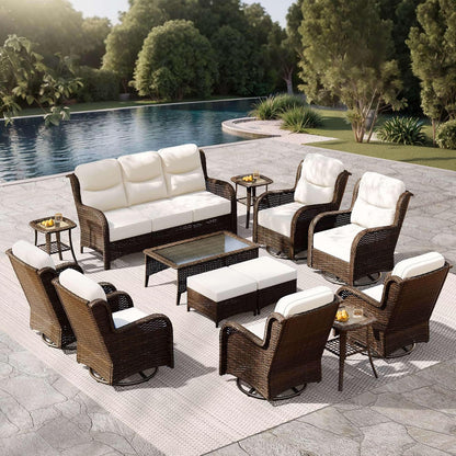 Outdoor Swivel Rocker Patio Chairs with 6-Inch Thick Cushions and Side Table, 3PCS High Back Wicker Patio Furniture Set for Porch, Balcony, Deck and Yard in Blue