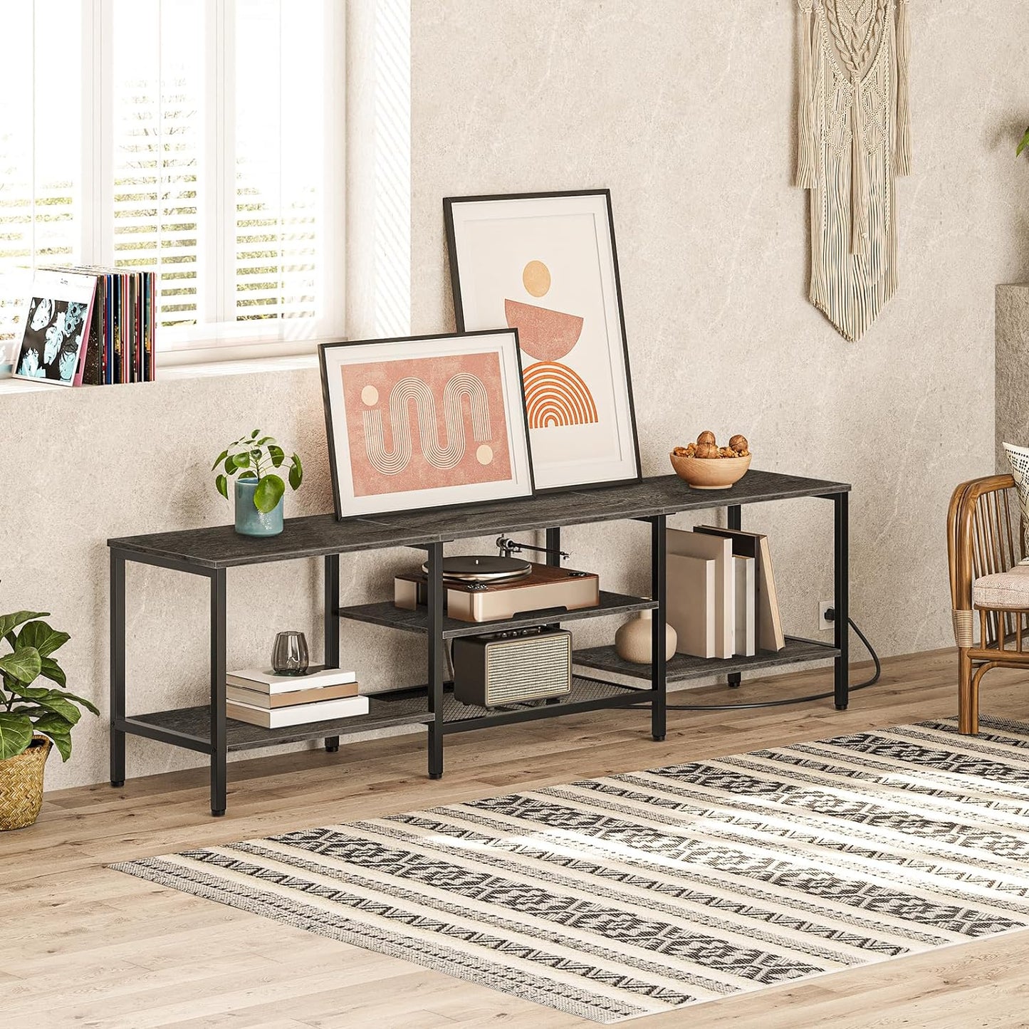 TV Stand with Power Outlets to 75 Inches, TV Console Table with Open Storage Shelves Cabinet, Industrial Media Entertainment Center for Living Room Bedroom, Rustic Brown and Black BF60DS01