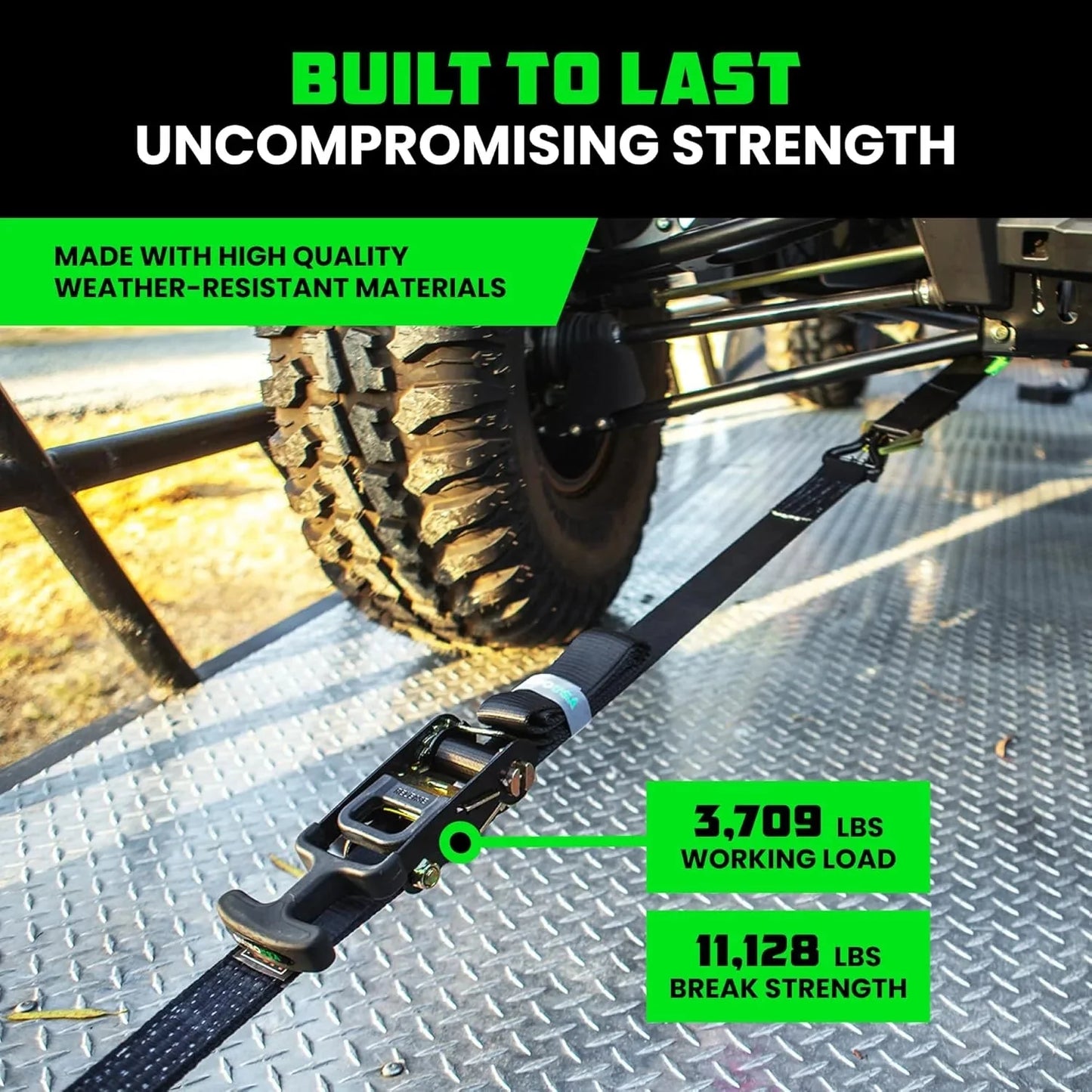 Car Tie Down Straps for Trailers with J Hooks (4-Pack) - 2 Inch x 8 Feet (10,000lb Break Strength) - Heavy Duty T-Handle Car Hauler Tire Straps for Trailer & UTV with Axle Straps - Black