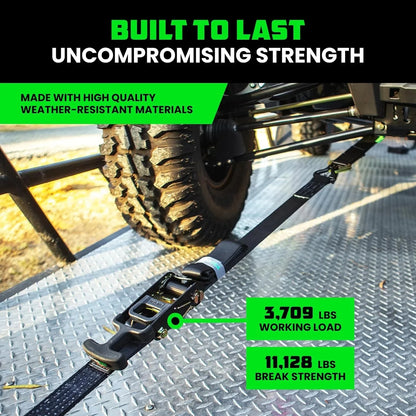 Car Tie Down Straps for Trailers with J Hooks (4-Pack) - 2 Inch x 8 Feet (10,000lb Break Strength) - Heavy Duty T-Handle Car Hauler Tire Straps for Trailer & UTV with Axle Straps - Black