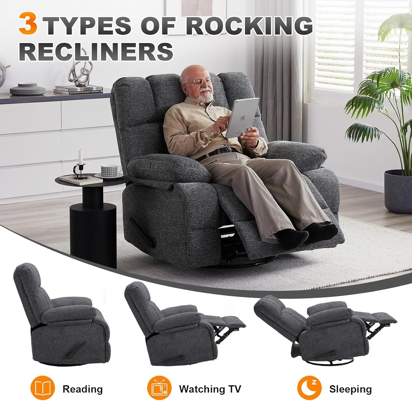 Oversized Swivel Recliner Chair for Big Man Grey
