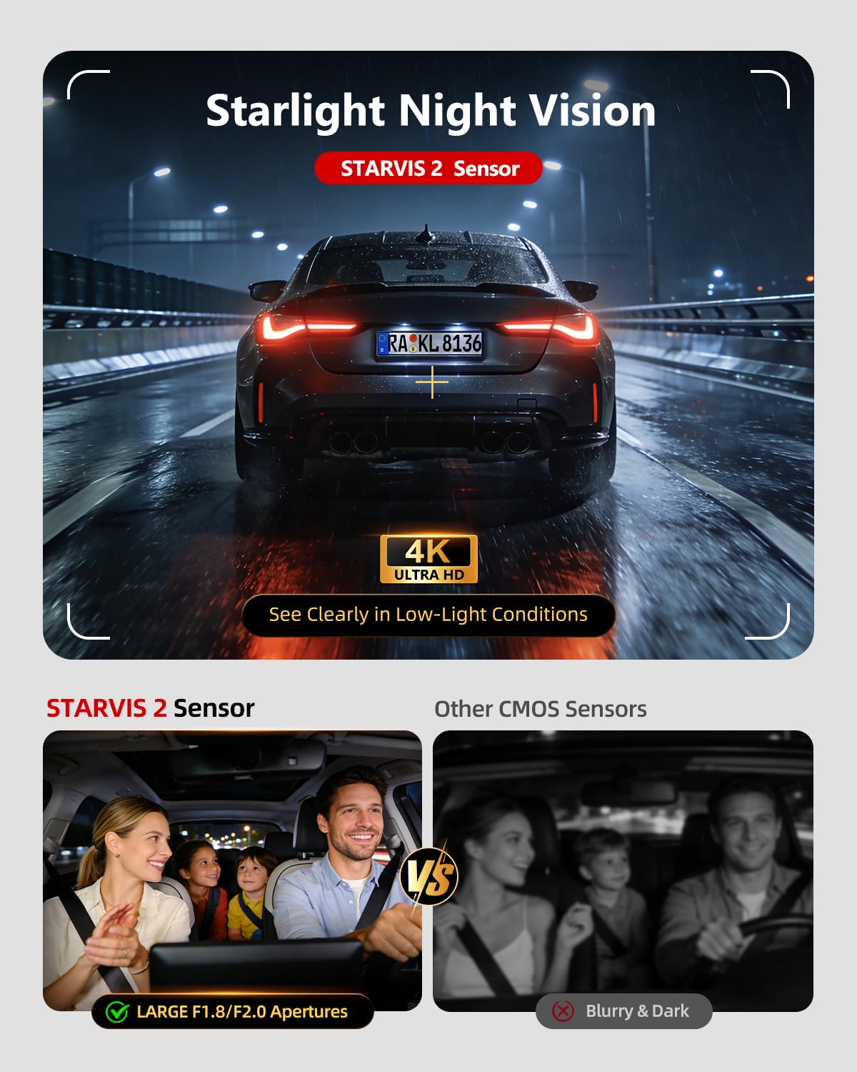 JZONES 3 Channel 4K Dash Cam with HDR Night Vision