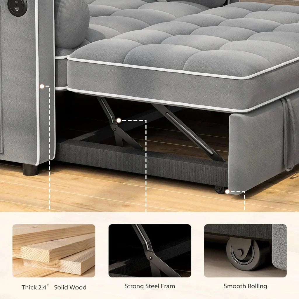 Pipishell 3 in 1 Convertible Sleeper Sofa Bed,Pull Out Couch for Living Room with USB Ports & Side Pockets,Adjustable Backrest,Velvet,Loveseat Sofa Bed,Futon Couches,Black