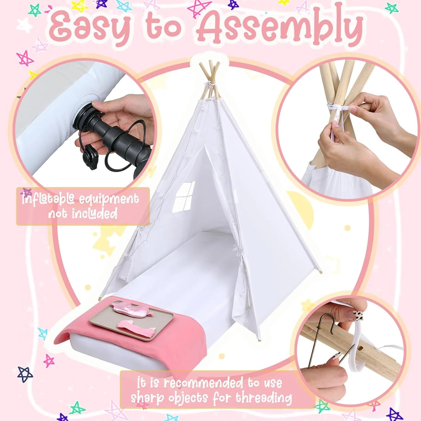 Windyun 8-Pack Kids Teepee Tent Set, Sleepover Party, White