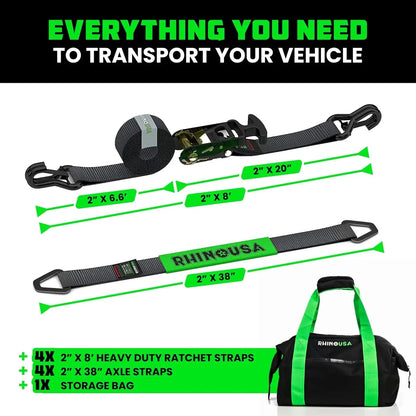 Car Tie Down Straps for Trailers with J Hooks (4-Pack) - 2 Inch x 8 Feet (10,000lb Break Strength) - Heavy Duty T-Handle Car Hauler Tire Straps for Trailer & UTV with Axle Straps - Black