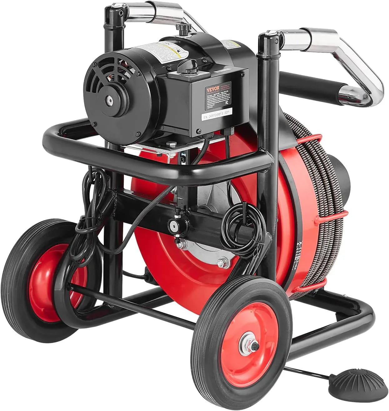 VEVOR Drain Cleaner Machine 100FT x 1/2 Inch, Auto Feed Sewer Snake Auger on Wheels, 550W Portable Drain Cleaning Machine with 8 Cutters & Air-activated Foot Switch for 2" to 4" Pipes