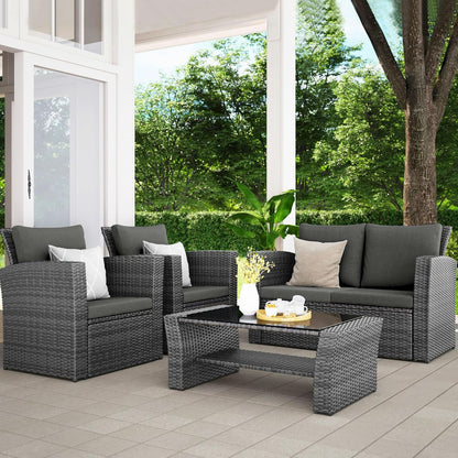 Wisteria Lane 4 Piece Outdoor Patio Furniture Sets, Wicker Conversation Set for Porch Deck, Grey Rattan Sofa Chair with Cushion Blue