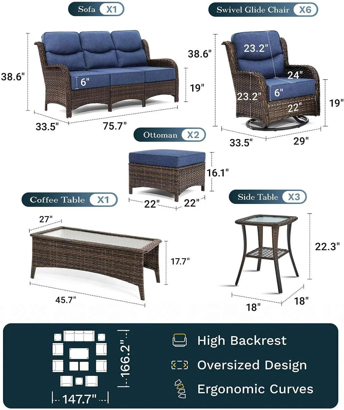 Outdoor Swivel Rocker Patio Chairs with 6-Inch Thick Cushions and Side Table, 3PCS High Back Wicker Patio Furniture Set for Porch, Balcony, Deck and Yard in Blue