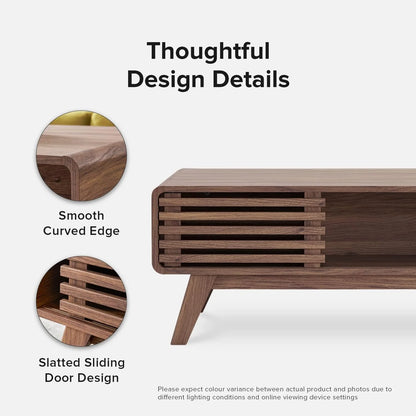 Mopio Ensley Mid Century Modern Rectangle Coffee Table with Dual Storage Shelf, Wood Slat Sliding Door, & Rounded Edge Protection for Living Room, Walnut Grain