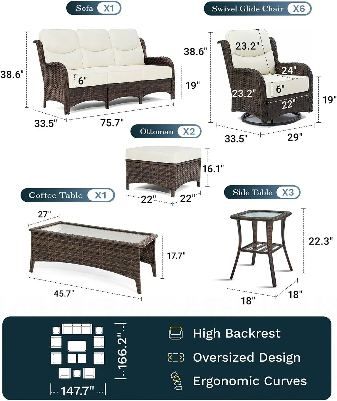 Outdoor Swivel Rocker Patio Chairs with 6-Inch Thick Cushions and Side Table, 3PCS High Back Wicker Patio Furniture Set for Porch, Balcony, Deck and Yard in Blue