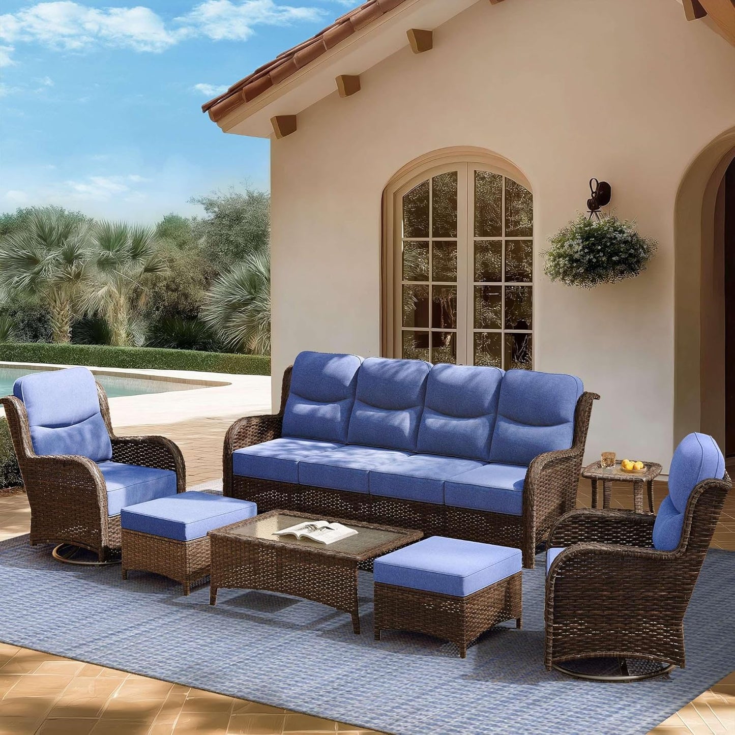 Outdoor Swivel Rocker Patio Chairs with 6-Inch Thick Cushions and Side Table, 3PCS High Back Wicker Patio Furniture Set for Porch, Balcony, Deck and Yard in Blue