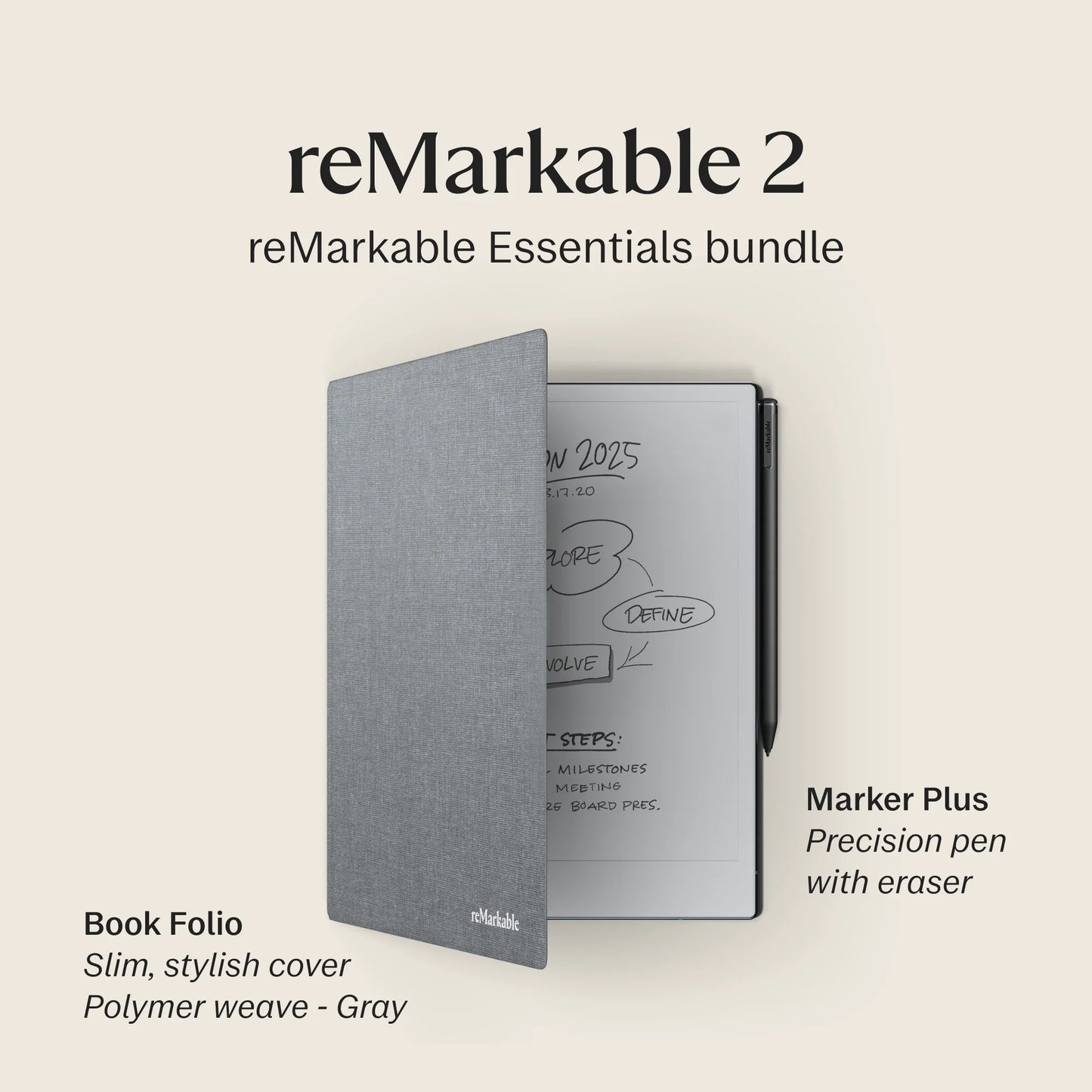 reMarkable 2 – 10.3” Paper Tablet with Marker Plus and Polymer Weave Book Folio – Gray