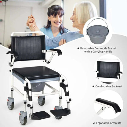 4 In 1 Bedside Commode Chair Shower Wheelchair With Detachable Bucket Padded Mobile Toilet Chair - Comfortable And Ergonomic Design