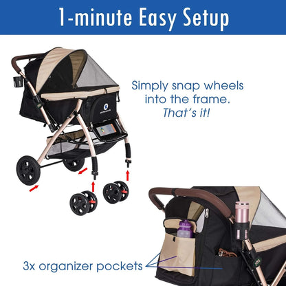 Pet Rover Premium Heavy Duty DogCat Stroller Travel Carriage CompartmentZipperless EntryPump-Free Rubber Tires Small, Medium, Large Pets (Black 2nd-Gen.), X-Large (Pack of 1)
